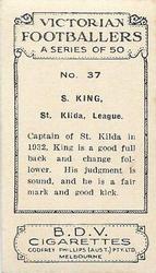 1933 Godfrey Phillips B.D.V. Victorian Footballers (A Series of 50) #37 Stuart King Back